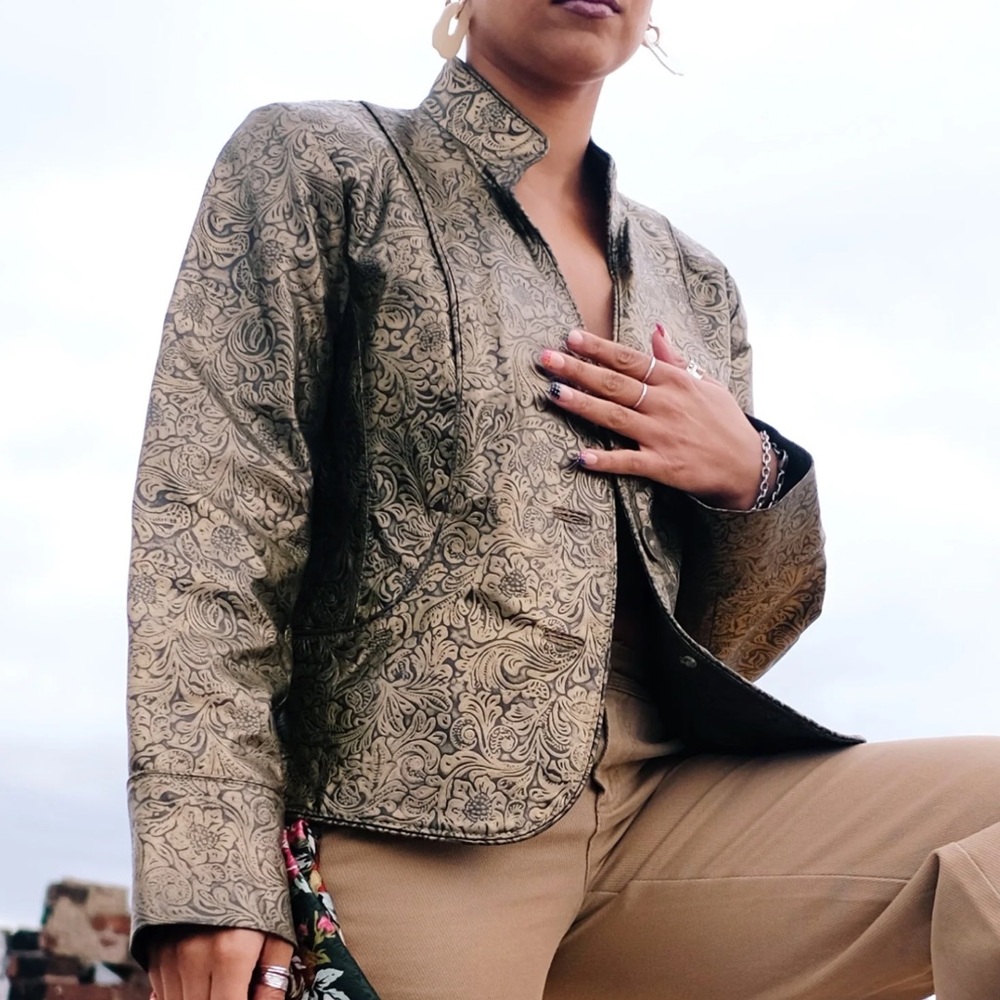 Pamela McCoy embossed leather metallic bronze floral leather jacket S